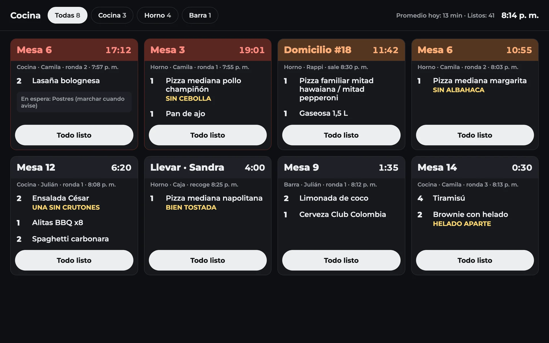 La pantalla de la cocina con cada pedido y su tiempo