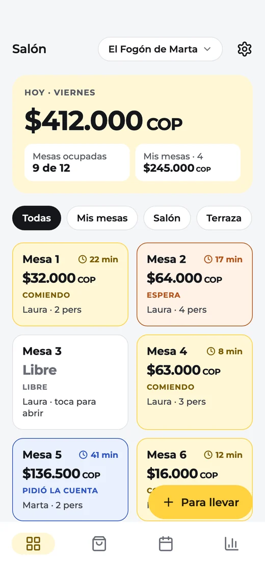 El salón en el celular del mesero, con la cuenta y el tiempo de cada mesa